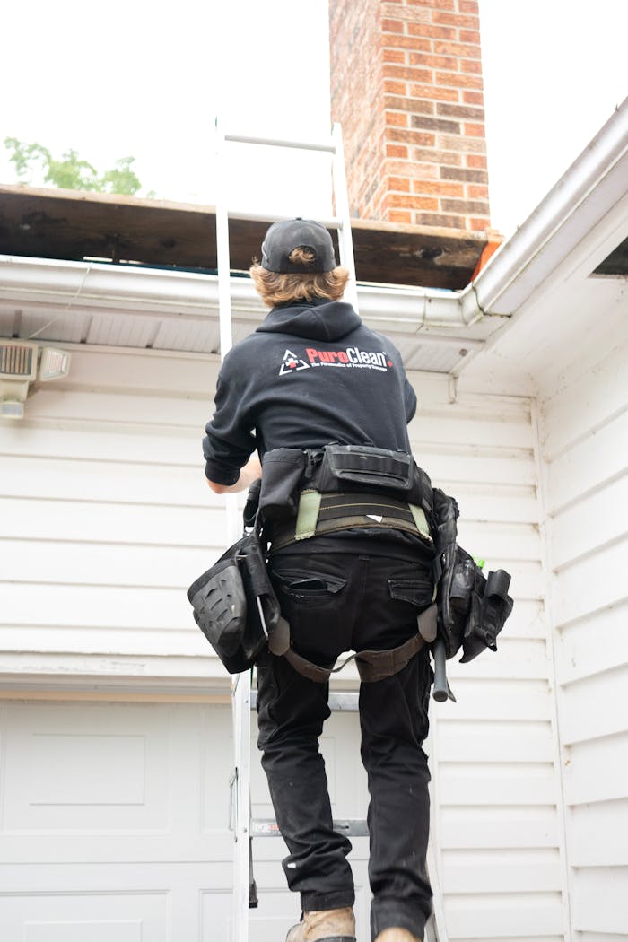 Roofer in safety gear climbs ladder for chimney inspection. Outdoor maintenance work.